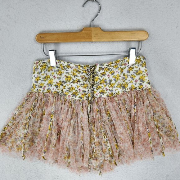 Free People One Skort Womens 26 Yellow Floral Blossom Mini Skirt Tie Front Tulle - Picture 1 of 12